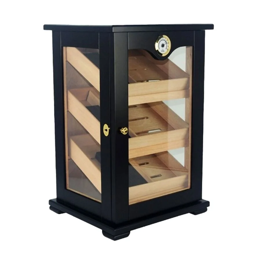 3 Raflı Puro Kutusu Humidor Kabinet Siyah 150's
