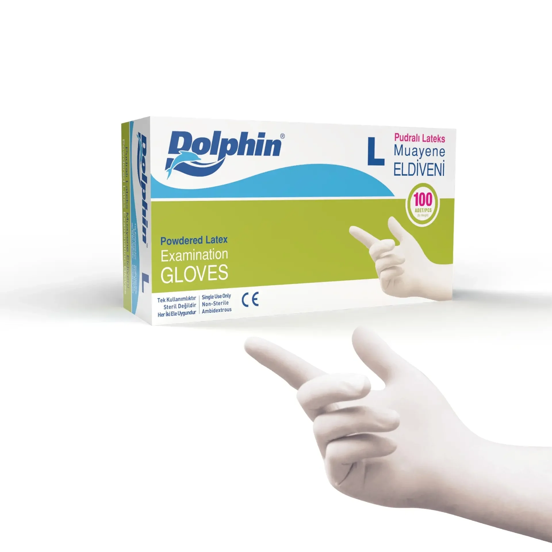 Dolphin Pudralı Lateks Muayene Eldiveni L Beden - 1 Kutu - MDR