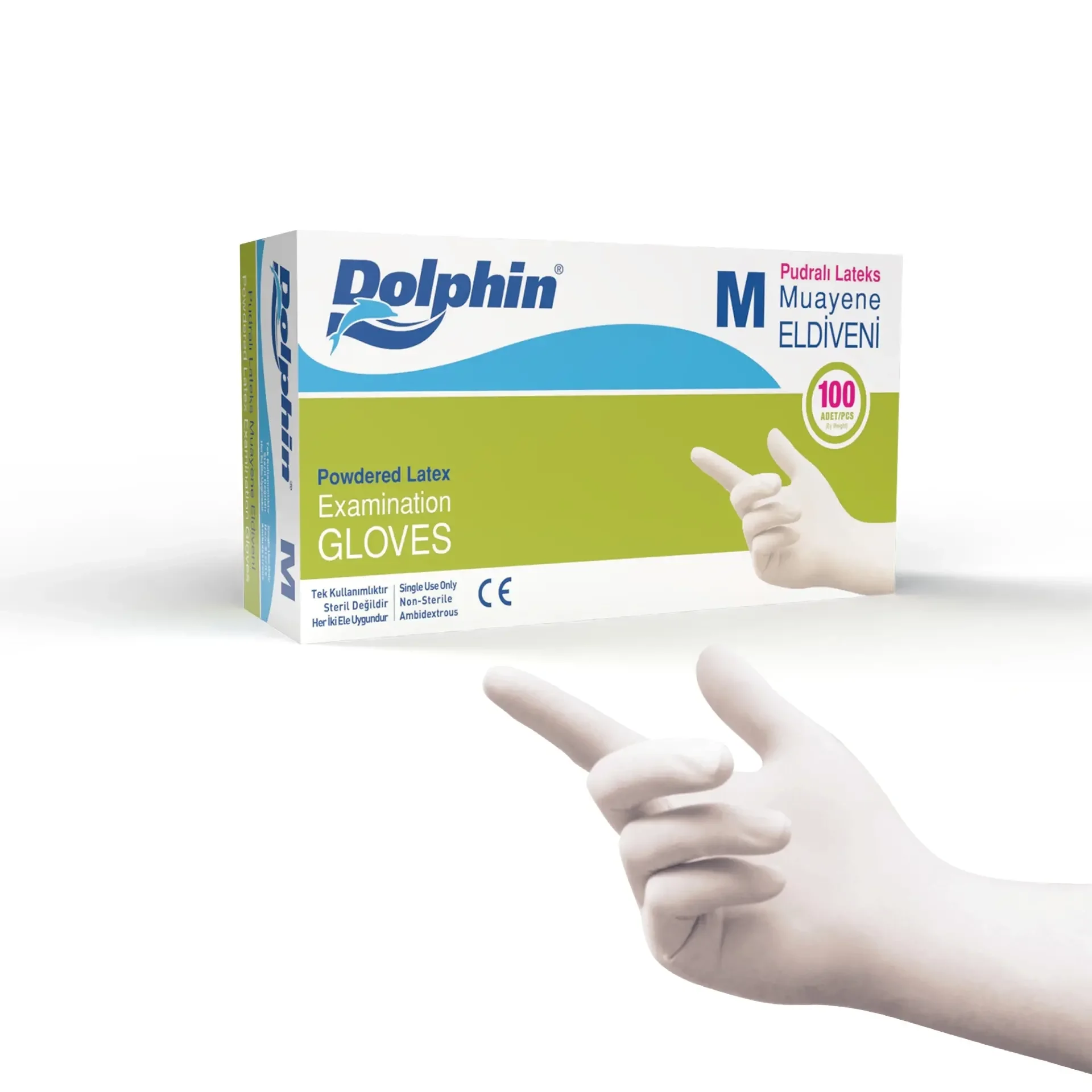 Dolphin Pudralı Lateks Muayene Eldiveni M Beden - 1 Kutu - MDR