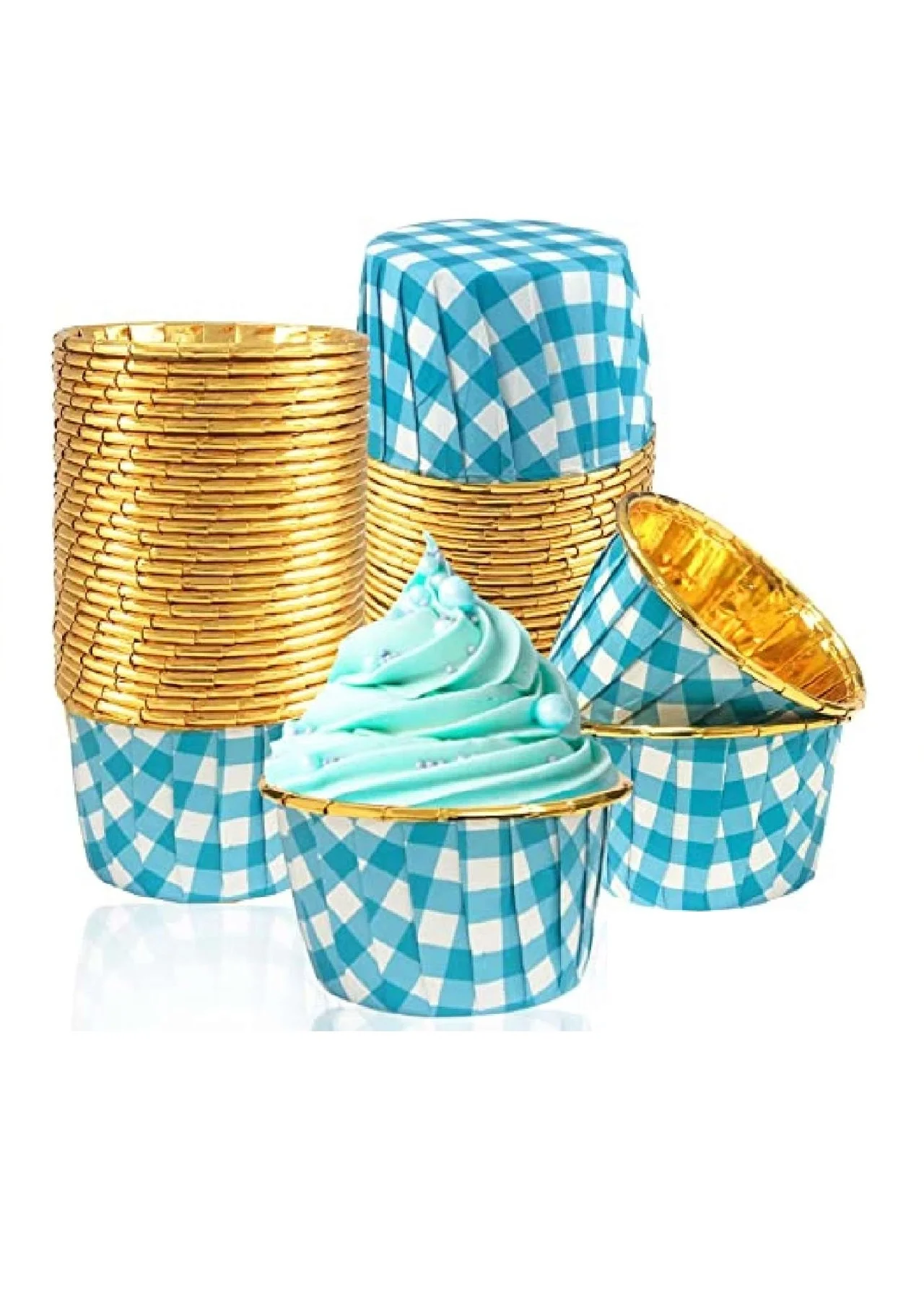 Roll-up Muffin Kek Kapsülü Mavi-Altın Pötikare Desenli 25 Adet
