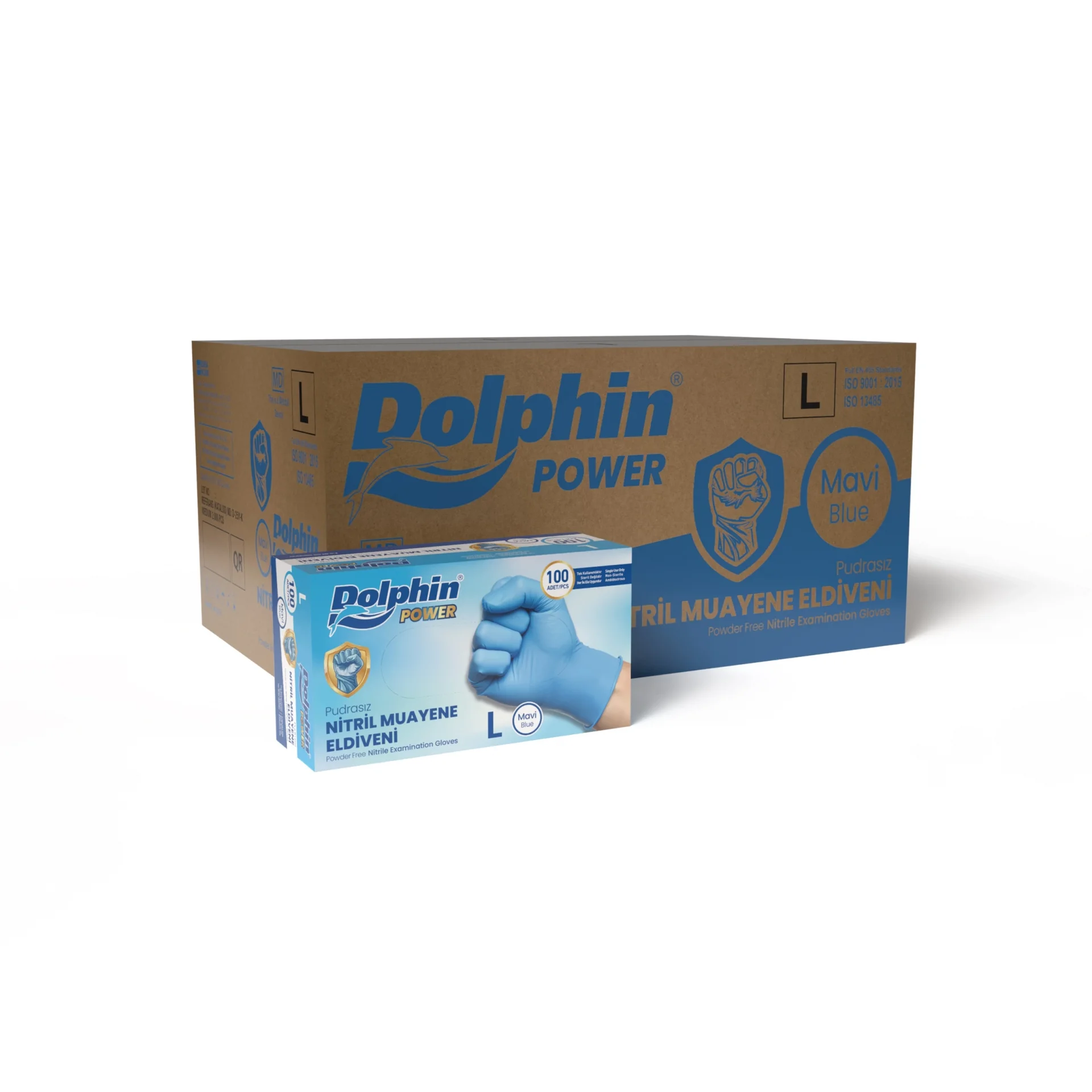 Dolphin Nitril Muayene Eldiveni Pudrasız Kalın Mavi L Beden 100 Adet x 20 Paket-Koli