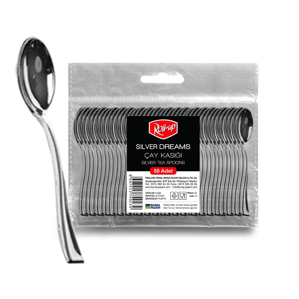 Roll-Up Metal Görünümlü Plastik Çay Kaşığı 50 Adet