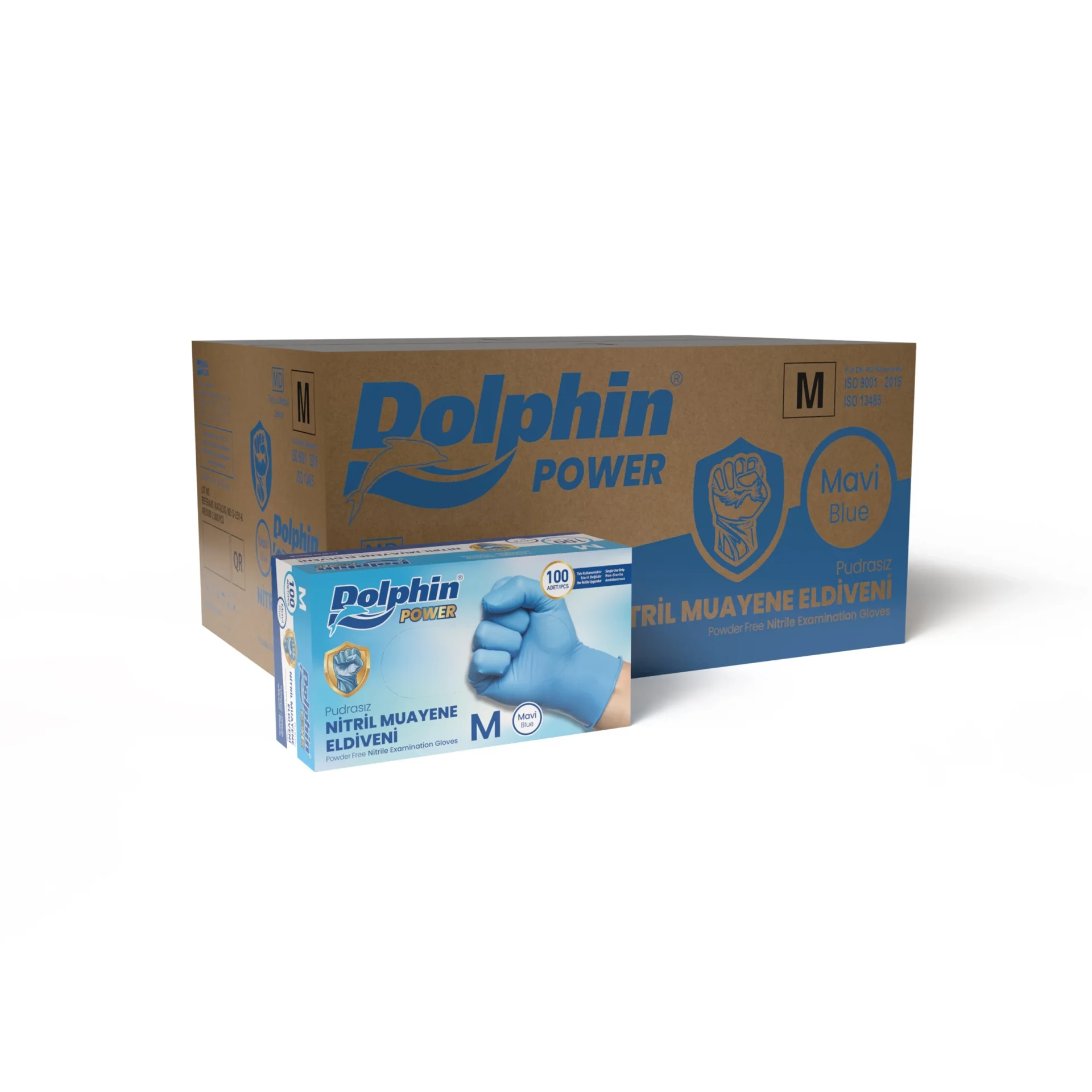 Dolphin Nitril Muayene Eldiveni Pudrasız Kalın Mavi M Beden 100 Adet x 20 Paket-Koli