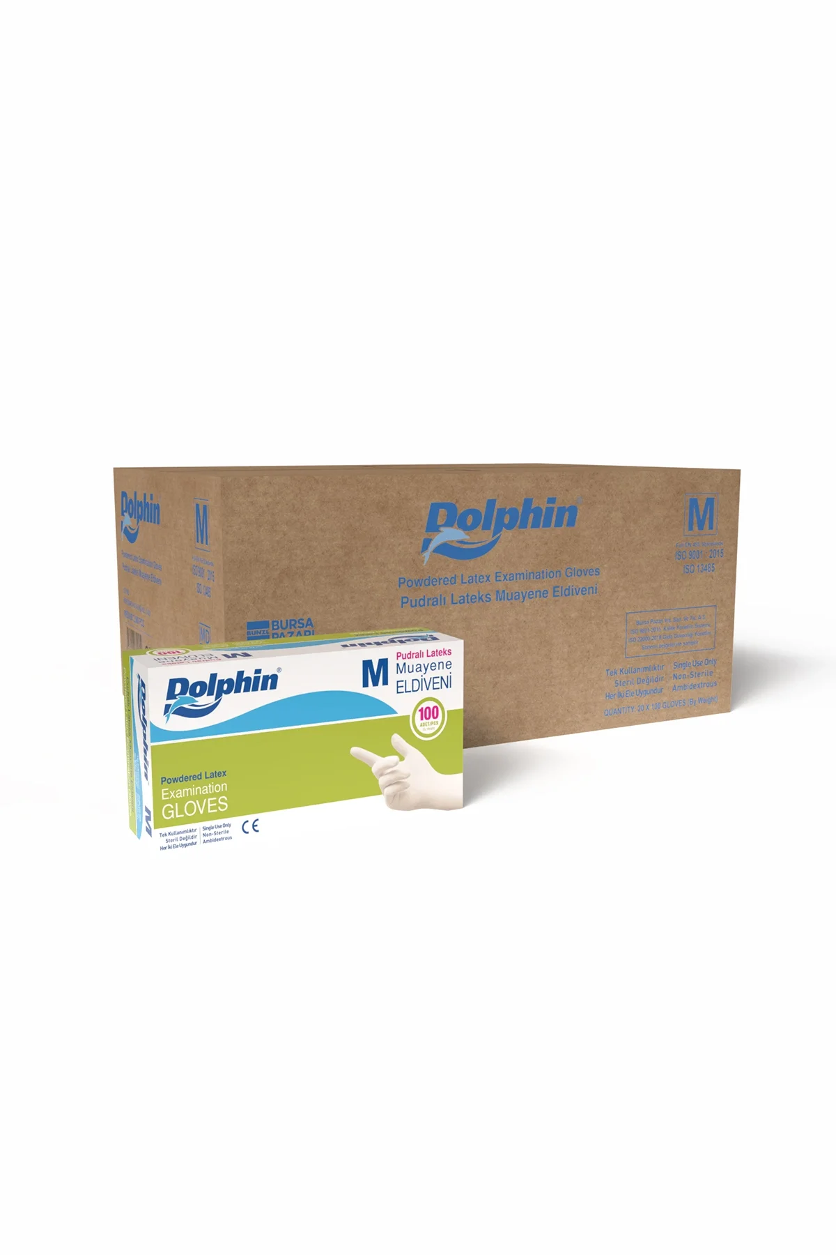 Dolphin Pudralı Lateks Muayene Eldiveni M Beden 100 Adet x 20 Paket - MDR - Koli