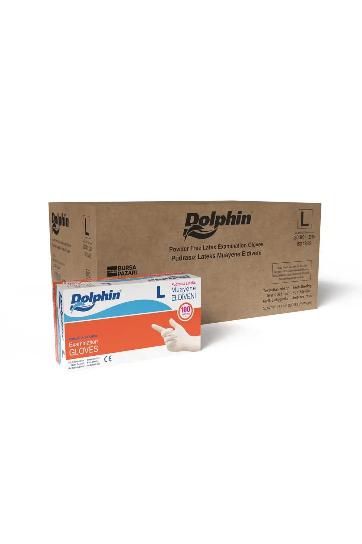 Dolphin Pudrasız Lateks Muayene Eldiveni L Beden 100 Adet x 20 Paket - MDR - Koli