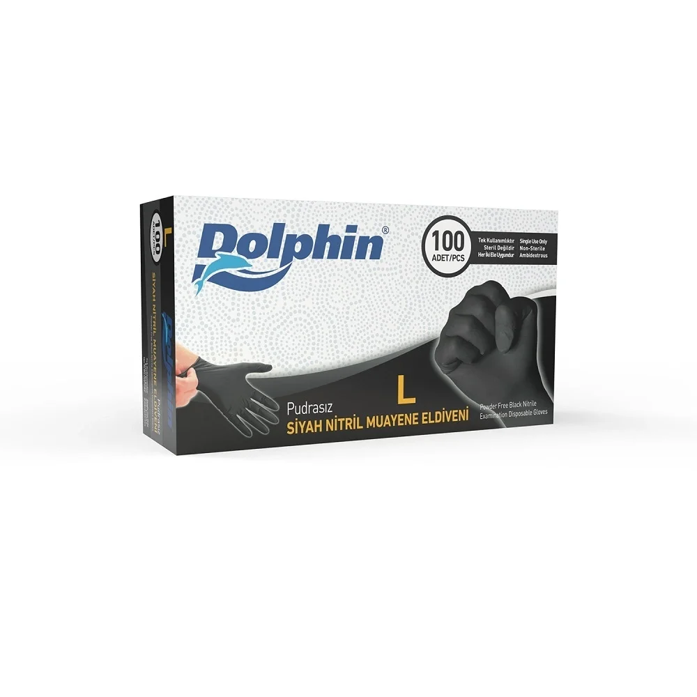 Dolphin Siyah Çok Amaçlı Nitril Muayene Eldiveni L Beden 100 Adet - MDR