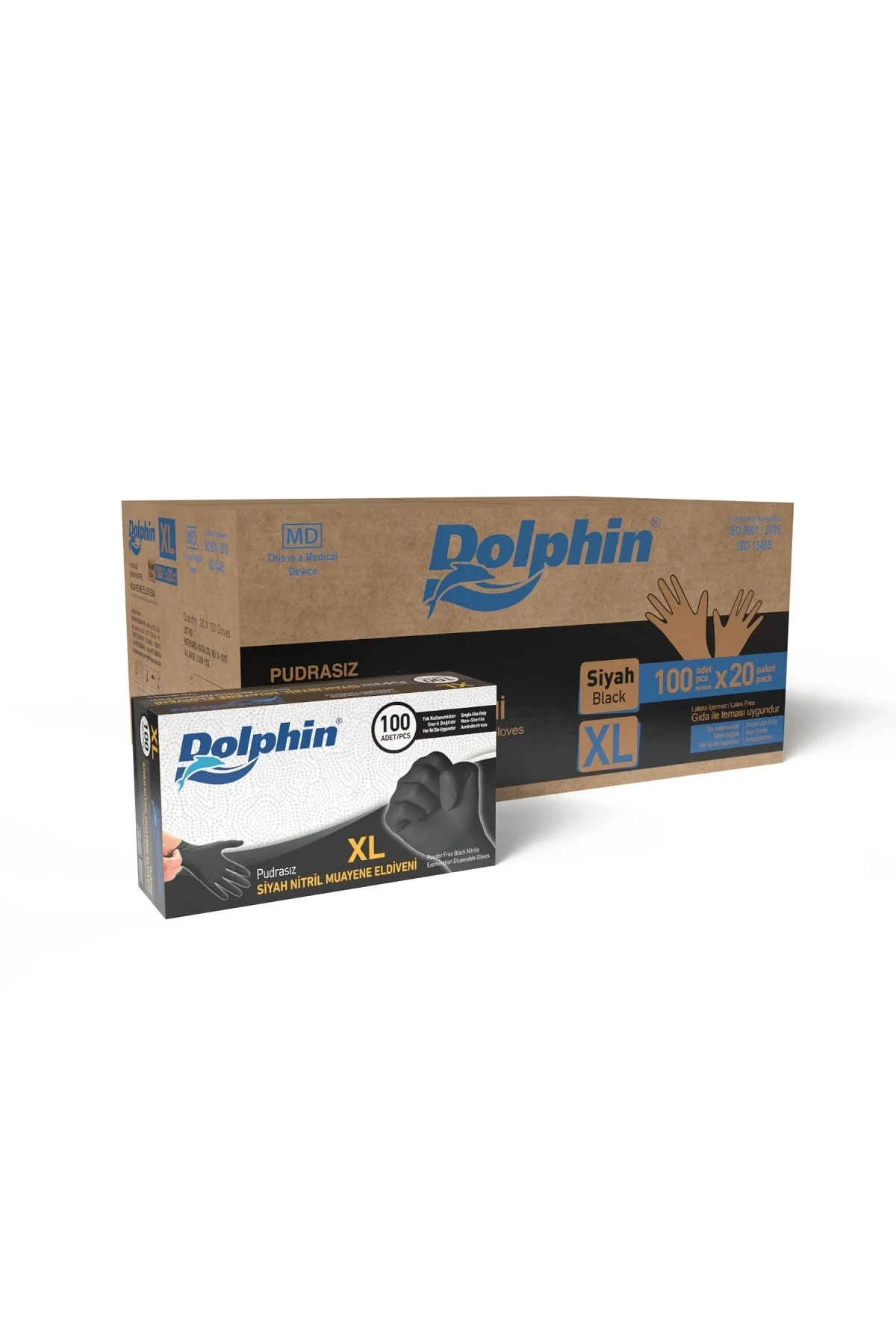 Dolphin Siyah Çok Amaçlı Nitril Muayene Eldiveni XL Beden | 20 Paket Koli - MDR