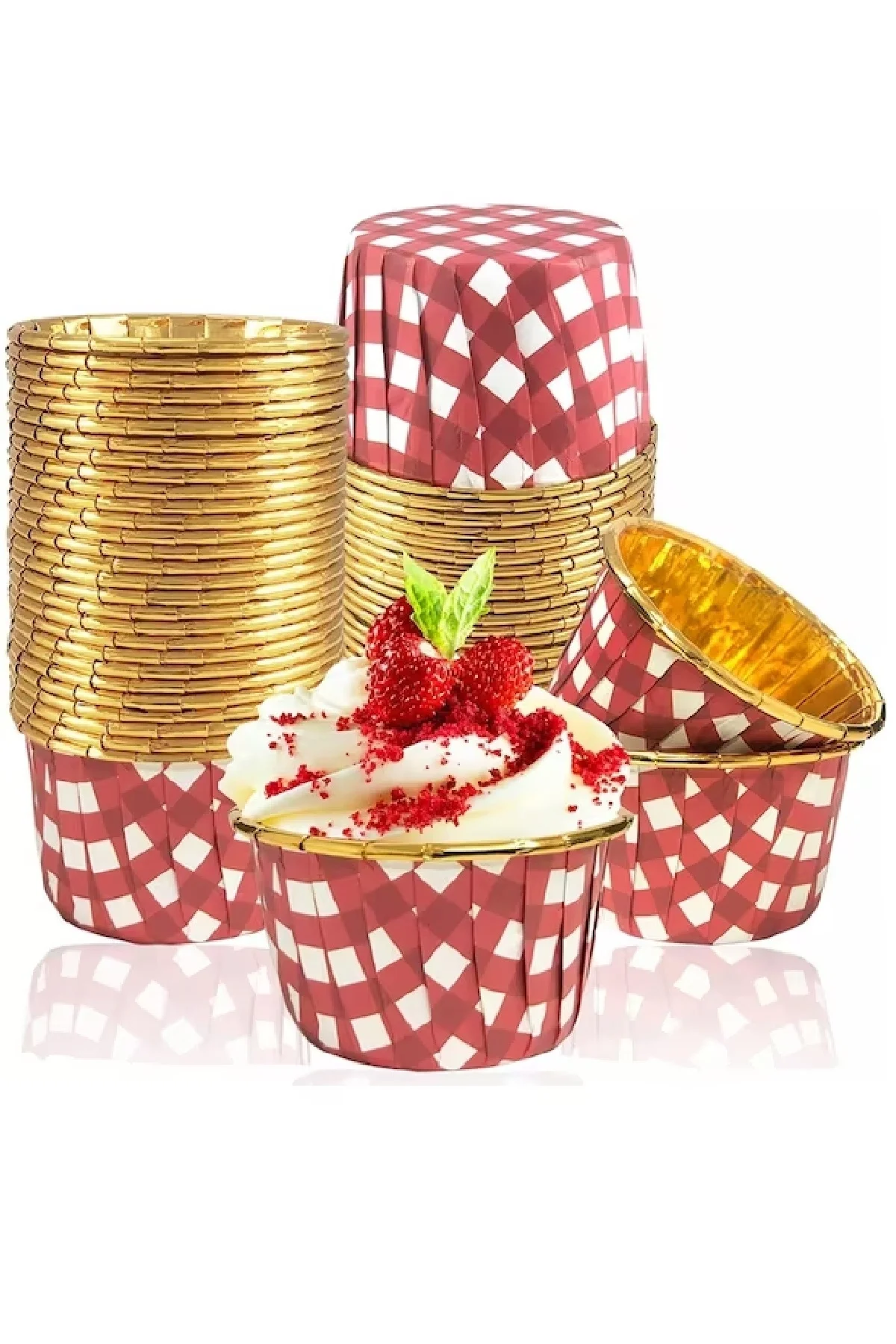 Roll-up Muffin Kek Kapsülü Kırmızı-Altın Pötikare Desenli 25 Adet