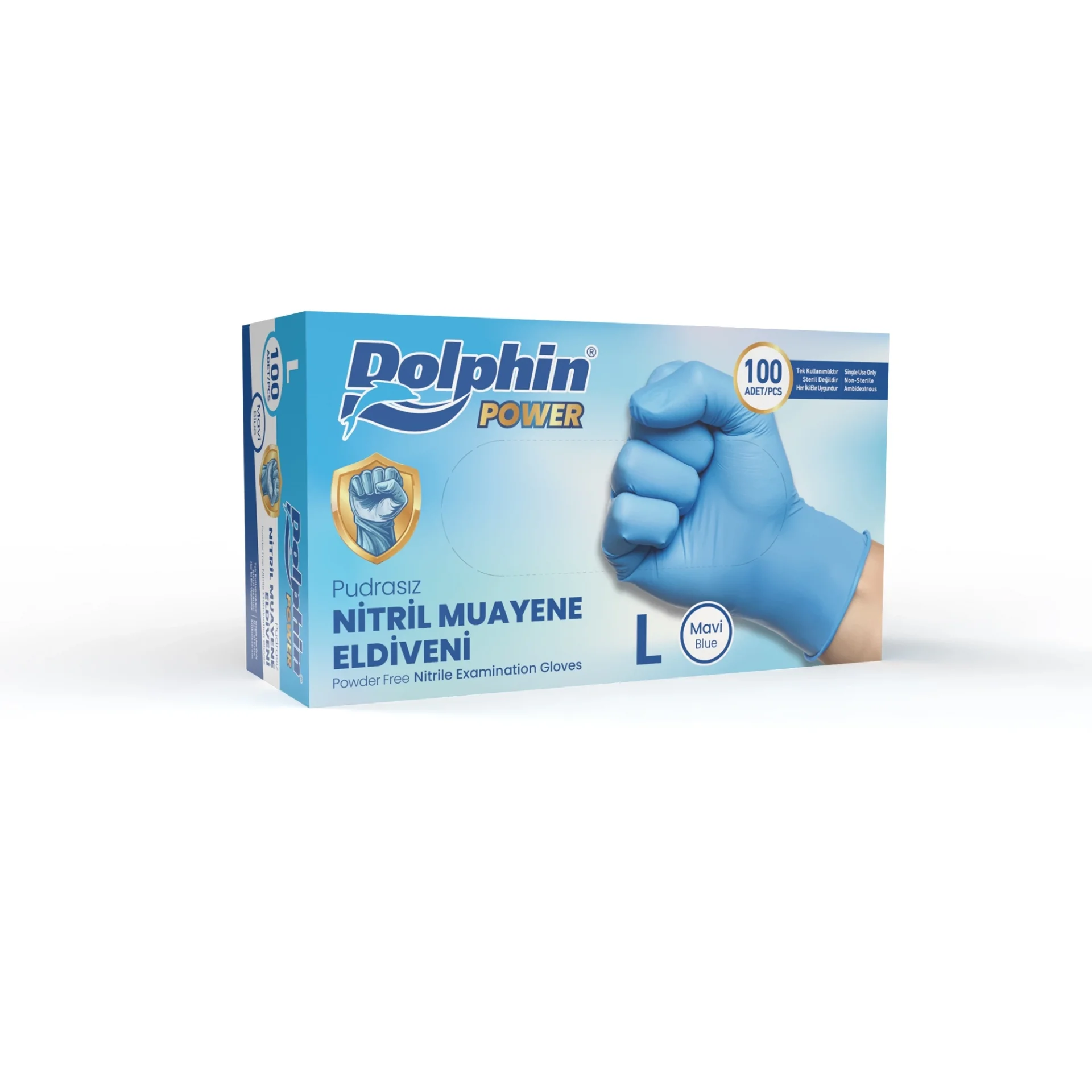 Dolphin Nitril Muayene Eldiveni Pudrasız Kalın Mavi L Beden 100 Adet-M