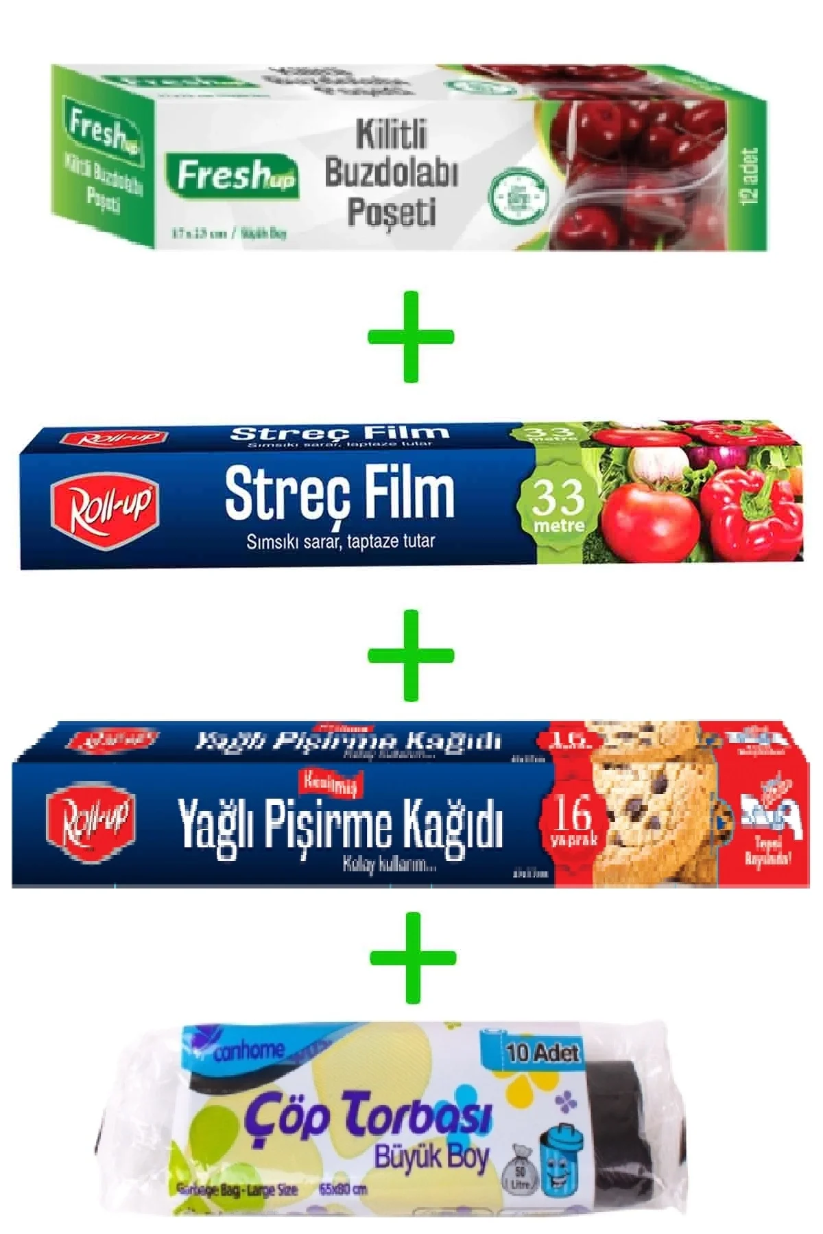 Roll-Up Küçük Boy Buzdolabı Poşeti - Streç - Kesilmiş Pişirme Kağıdı - Çöp Torbası Seti