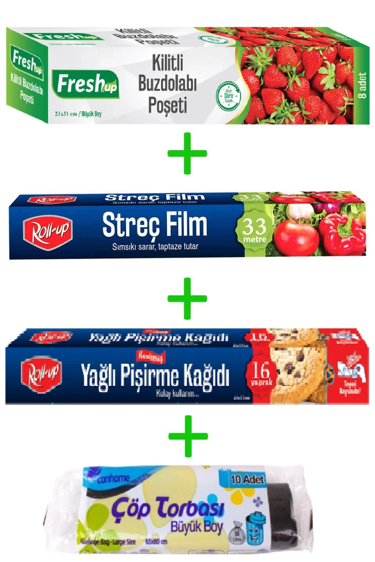 Roll-Up Orta Boy Buzdolabı Poşeti- Streç - Kesilmiş Pişirme Kağıdı - Çöp Torbası Seti