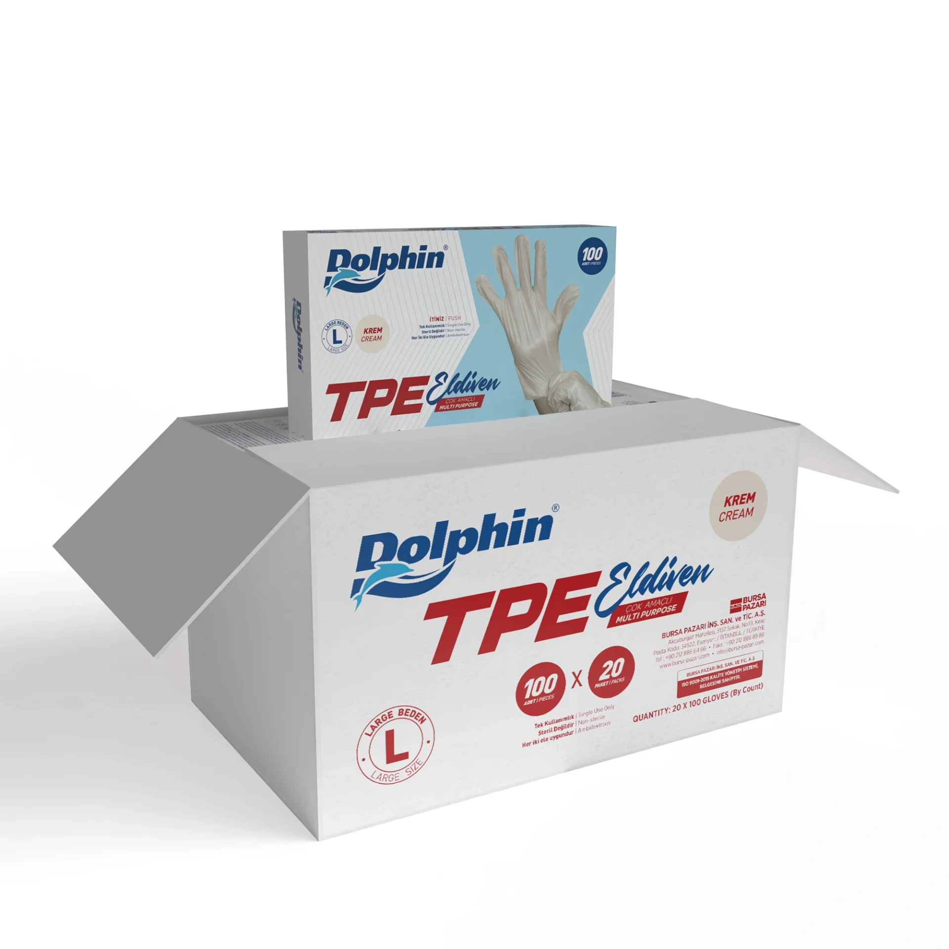 Dolphin Krem TPE Eldiven L Beden 100 Adet x 20 Paket - Koli