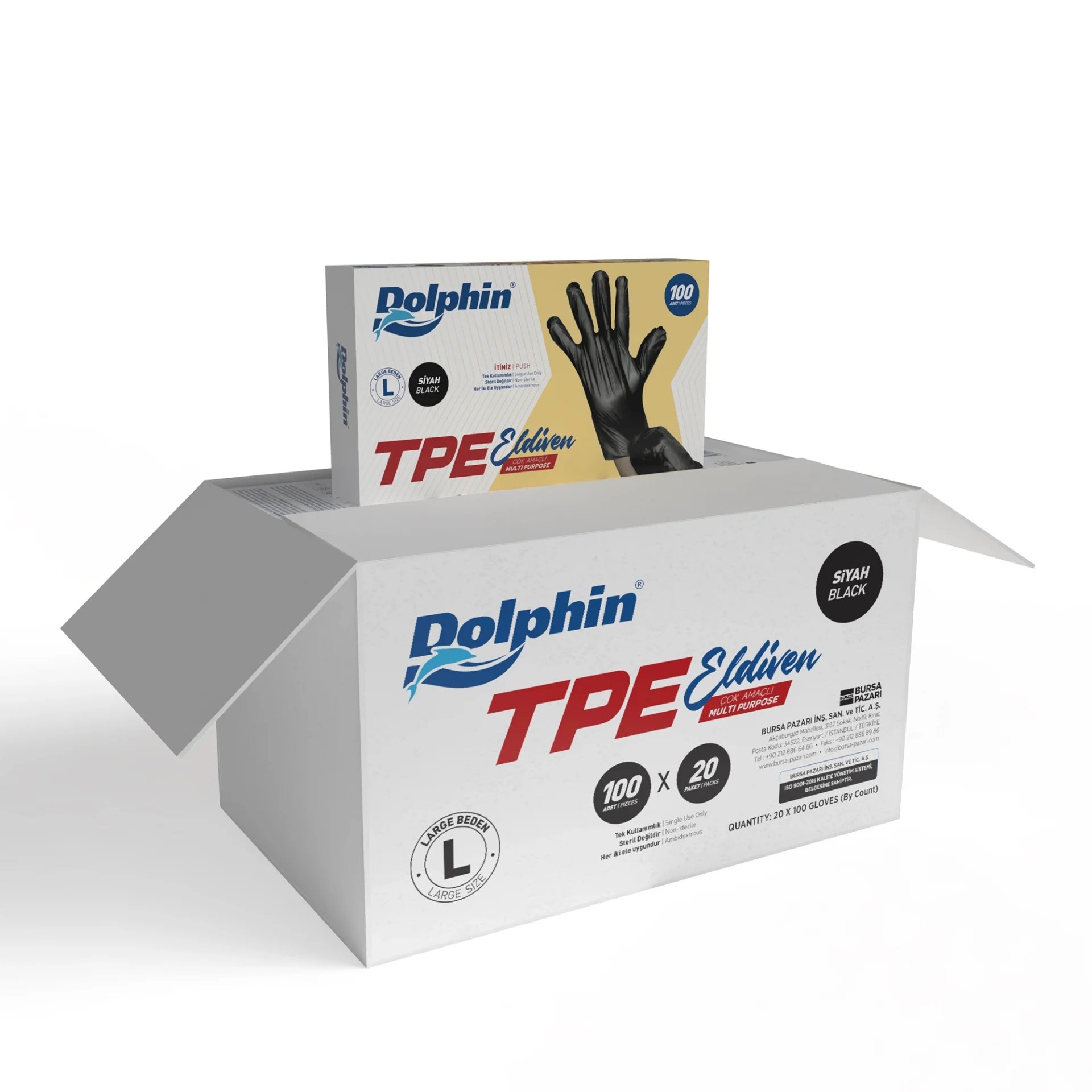 Dolphin Siyah TPE Eldiven L Beden 100 Adet x 20 Paket - Koli