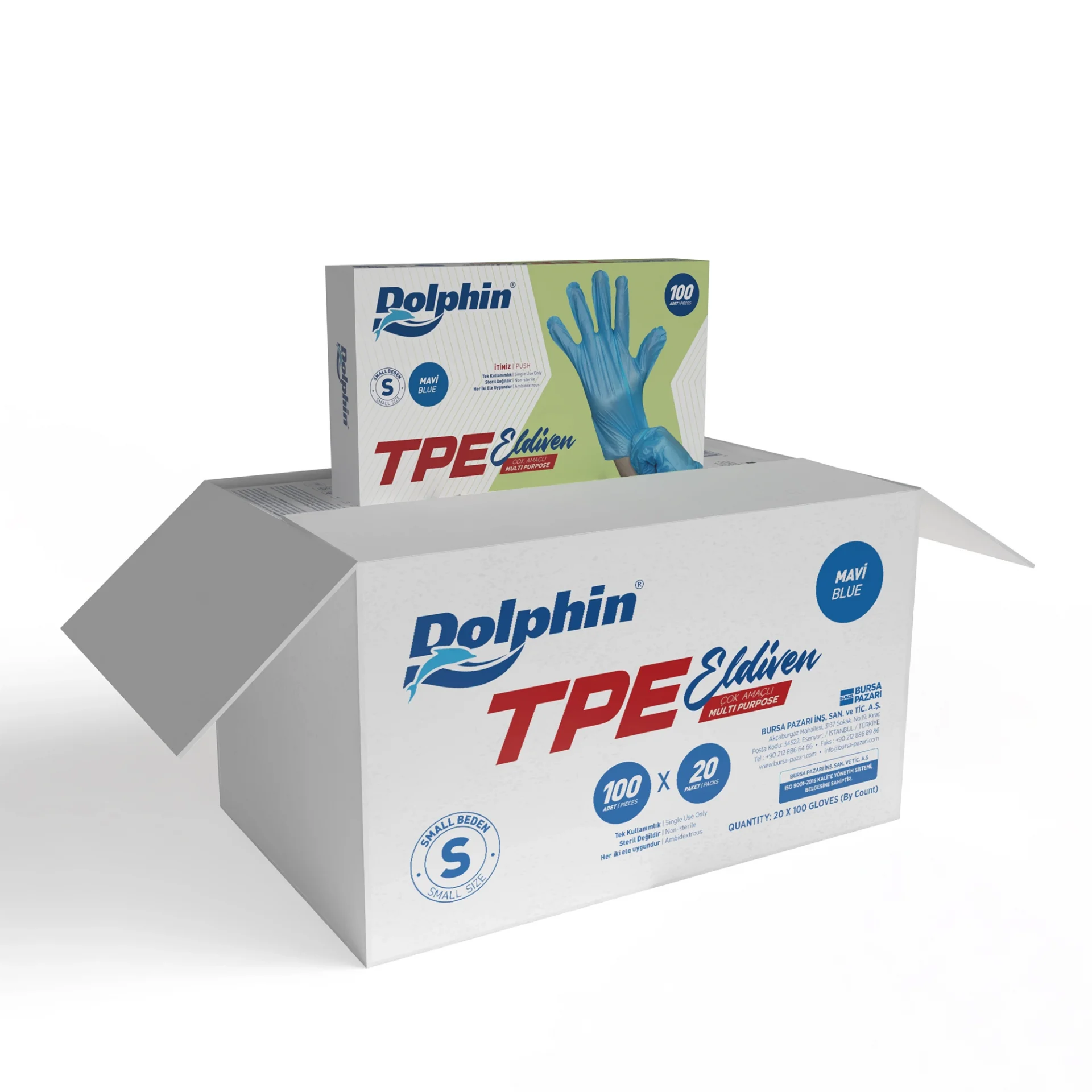 Dolphin Mavi TPE Eldiven S Beden 100 Adet x 20 Paket - Koli