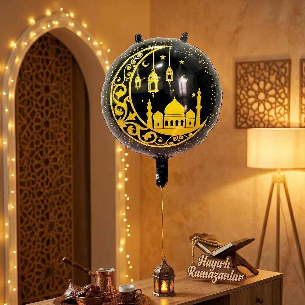 Ramazan Temalı Siyah Folyo Balon - Altın Hilal ve Kandil Detaylı