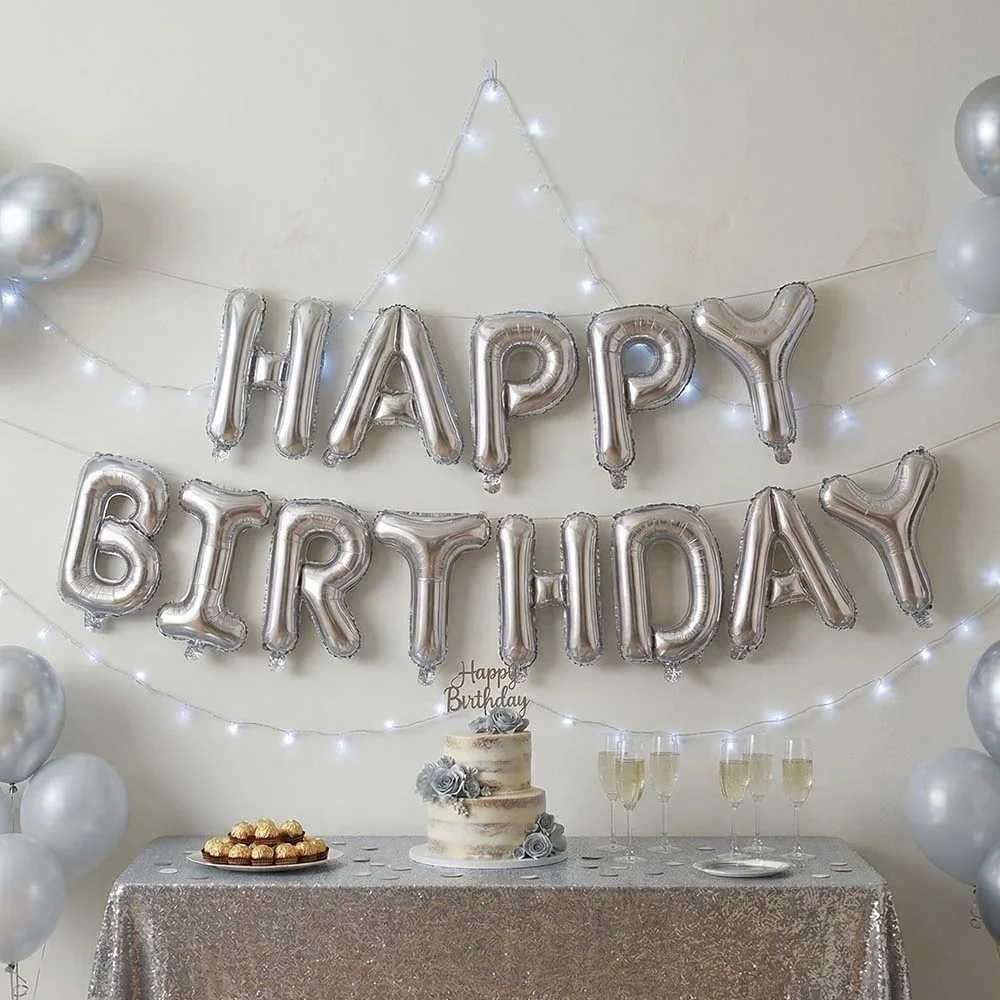 Gümüş Happy Birthday Banner Folyo Balon