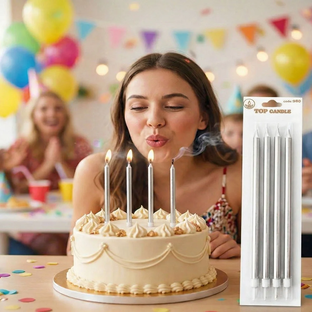 Metalik Gümüş Uzun Mum 19cm 4 Parça