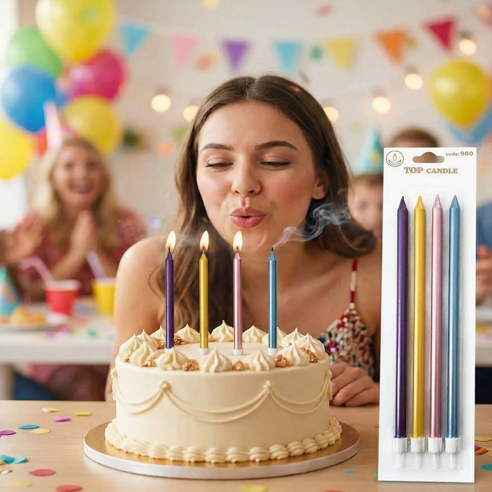 Metalik Karışık Renk Uzun Mum 19cm 4 Parça