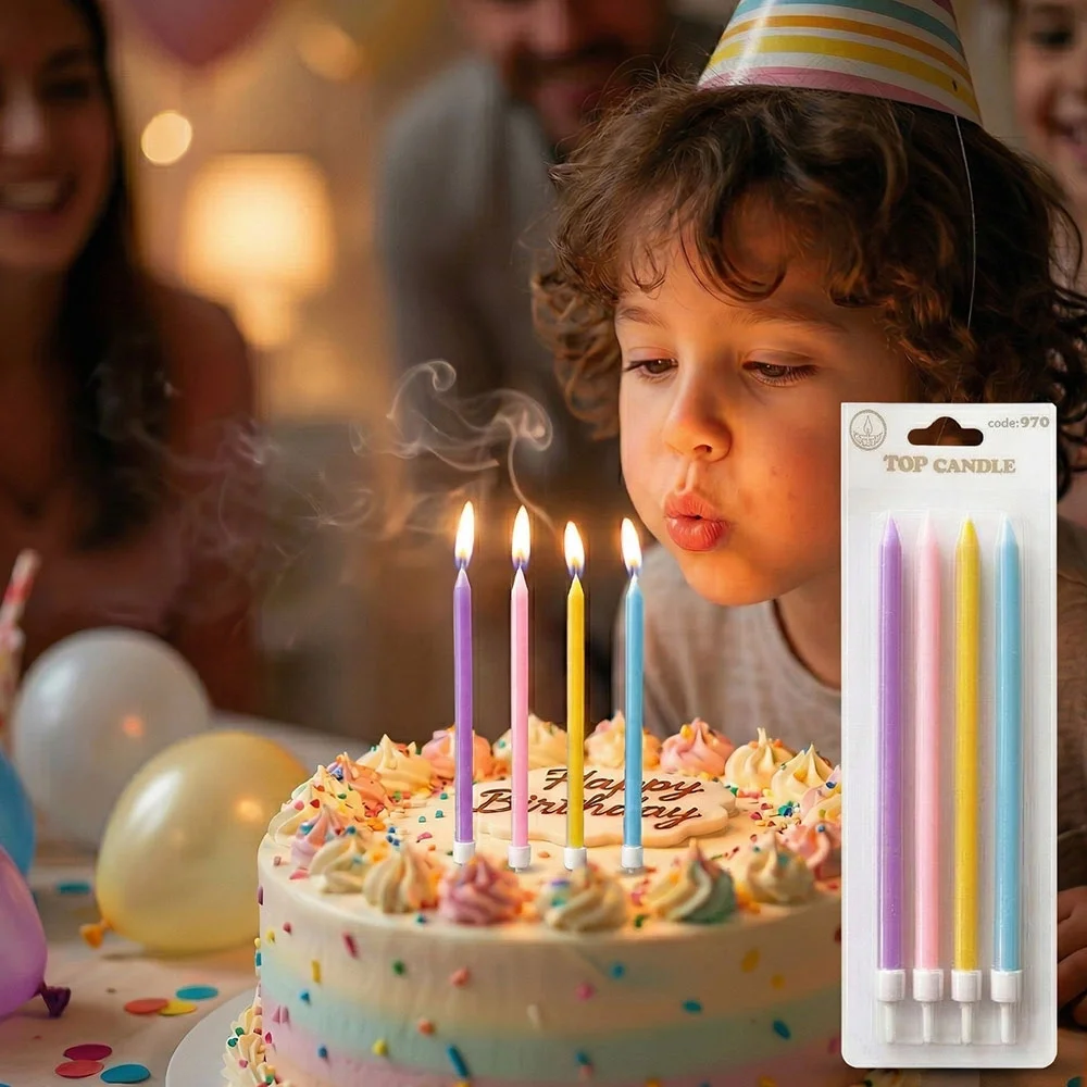 Karışık Renk Makaron İnce Uzun Pasta Mum Seti 4'lü