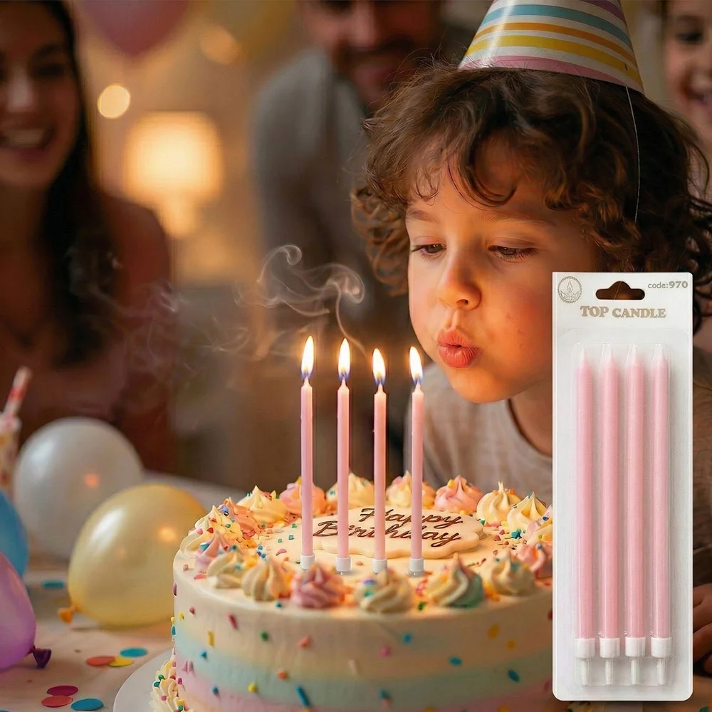 Pembe Makaron İnce Uzun Pasta Mum Seti 4'lü